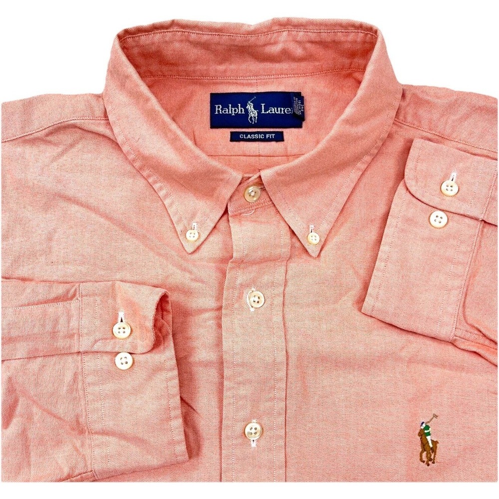 Ralph Lauren Shirt Men 17 32 Orange Button Up Oxford Cloth Dress Peach OCBD A03